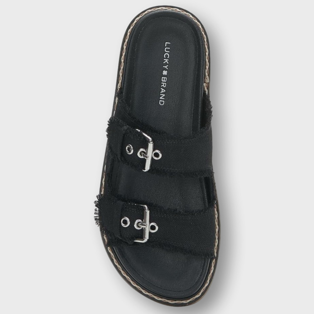 NWOB Lucky Brand Denim Alffie Slide Sandal Flat Size 8.5 Black Silver Buckles